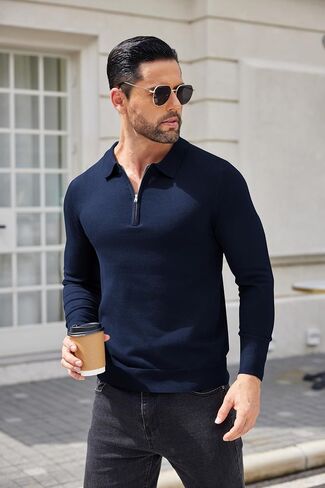 COOFANDY Mens Knit Polo Shirt Quarter Zip Slim Fit Pullover Long Sleeve Sweater Polo in Saudi Arabia