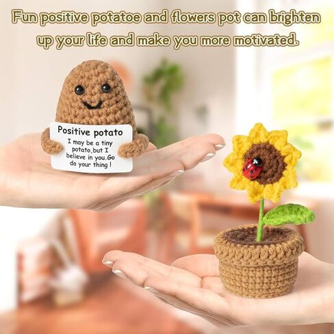 SARAJO 2 قطعة دمية بطاطس إيجابية مضحكة صغيرة 3 بوصة مع بطاقة إيجابية، 4 بوصة دمية صوف عباد الشمس اللطيفة، وعاء زهور مصنوع يدويًا لتزيين مكتب الكروشيه in Saudi Arabia