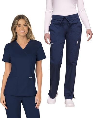 Cherokee Scrub Set for Women Modern Classic Fit Mock Wrap Top WW610 with Mid Rise Moderate Flare Drawstring Pant-WW120, Navy- L Top/L Pant in Saudi Arabia