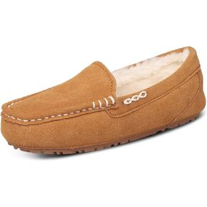 Womens Suede Leather Slippers Soft Faux Fur Lining Slippers for Women Indoor and Outdoor Non-Slip Comfortable and Warm