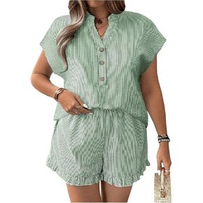 SOLY HUX Women's Plus Size 2 Piece Outfits Striped Short Sleeve Blouse Tops and Ruffle Hem Shorts Sets