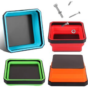 Collapsible Magnetic Trays, 4 Pack Foldable Silicone Magnetic Tool Trays for Small Metal Parts, Bolts, Screws, Nuts, Washers, with Double Sided Magnetic Base, 4.5in Square(Red)