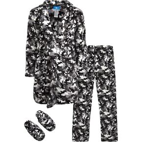 Bathrobe Set - 3 Piece Fleece Robe, Pants, and Slippers Matching Pajama Bundle