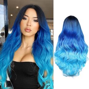 WIGER Long Blue Wavy Wigs for Women Ombre Blue Body Wave Mermaid Hair Wigs Long Curly Synthetic Hair for Daily or Cosplay