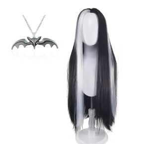 Lily Munster Costume Wig with Bat Necklace Classic Black & White Long Straight Hair for Halloween and Cosplay