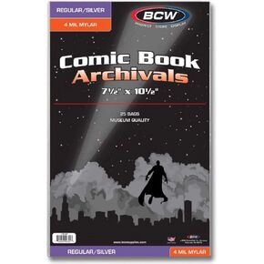 BCW Silver/Regular Comic Mylar Archivals - 4 MIL | Archival Polyester Mylar Comic Bags for Silver Age & Regular Comics | 25 Pack | 4 mil Thickness with 1.5" Flap | Long-Term Comic Book Protection