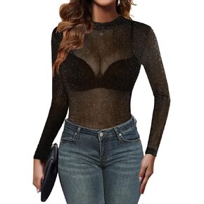 Zeagoo Mesh Top Women Long Sleeve Shirts See Through Party Layering Mock Neck 2024 Fall Sheer Undershirt