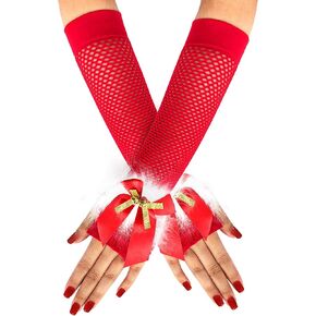 RSLOVE Women's Christmas Gloves Sexy Santa Fingerless Fishnet Gloves with Bells Bows Xmas Red Lingerie Costume Accessories