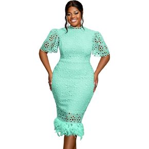 AOMEI Women's Summer Hollow Out Lace Flower Dress Short Sleeve Stand Collar Feather Bodycon Business Office Dresses