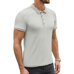 Men's Polo Shirts Short Sleeve V Neck Ribbed Knit Button Up Slim Fit Golf Muscle Blouse Tee