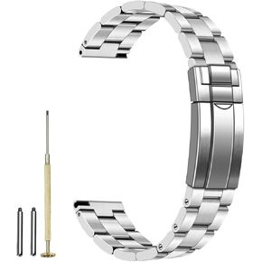 YISIWERA Screw-In Stainless Steel Watch Band 20mm 22mm Polished Brushed Metal Watch Strap Bracelet for Men Women Solid Adjustable Deployment Buckle Silver