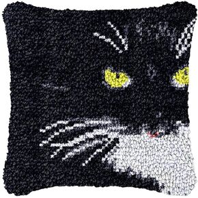 Black Cat Face Latch Hook Kits Pillow DIY Rug Crochet Hook Cushion Making Kits Printed Pattern Canvas Crochet Needlework Hooking Pillow Cover Easy to Starter DIY Kits 43x43cm