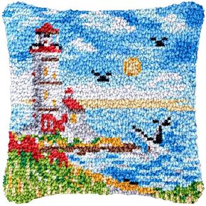 Latch Hook Pillowcase Kits Lighthouse & Seagull Latch Hook kit Pillow Cover Adukt Pillow Embroidery Craft Kits for Beginner DIY Latch Hook Rug Kit with Printed Canvas Christmas Decoration 43x43cm