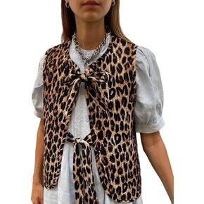 Yimoon Women's Floral Puffer Vest Leopard Print Tie Front Sleeveless Quilted Jacket Open Front Padded Gilet Outwear