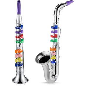 Amylove Set of 2 Christmas Musical Instruments Including Toy Clarinet and Toy Saxophone Plastic Saxophone Toy Clarinet with 8 Colored Keys for Home School Teaching Songs Music Gift, Gold Finish