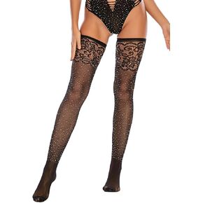 Lookswe Sparkle Rhinestone Thigh High Stockings Women's Sexy Glitter Crystal Fishnets Stockings Black