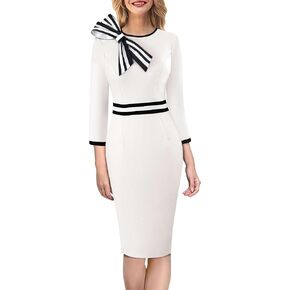 VFSHOW Womens 2024 Fall Work Business Dresses Bow Crew Neck Colorblock Office Slimming Pencil Sheath Dress