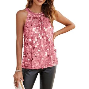 GRACE KARIN Halter Sequin Tank Tops for Women Sleeveless Sparkly Glitter Club Outfits Ruched Flowy Shiny Party Concert Shirt
