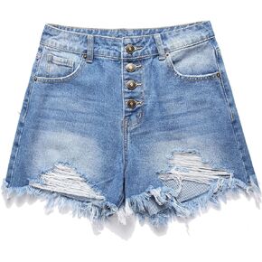 GUNLIRE Women's High Rise Denim Shorts Summer Ripped Distressed Button Down Frayed Fashion Washed Jeans Shorts