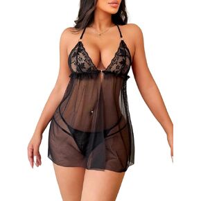 SOLY HUX Women's Sexy Lingerie Sets Babydoll Mesh Sheer Chemise See Through Lace Halter Sleepwear Nightwear