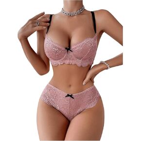Women's 2 Piece Underwire Lingerie Set Bowknot Mesh Lace Bra and Panty Set Nightwear