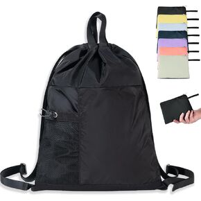 Packable Drawstring Travel Backpack, Hiking Swimming Waterproof Bag, 14L Lightweight Foldable Sports Gym Cinch Bag for Women Men, with Two Zipper Pockets and Water Bottle Mesh Pockets (Green)