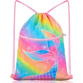Nidoul Drawstring Backpack Kids Girls Drawstring Bags Draw String Back Bag Cinch Bag for Dance Sports Gym Travel Swim Beach Pool, Mermaid