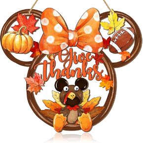 Thanksgiving Turkey Door Sign Mouse Shaped, Give Thanks Wooden Maple Leaves Pumpkin Hanging Decor for Front Door, Fall Wood Wreath Wall Decor for Autumn Harvest Home Decorations