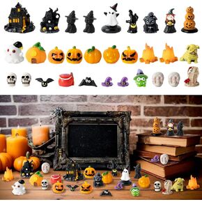 Haooryx Halloween Miniature Figurines - 30Pcs Resin Micro Halloween Figure Pumpkin Ghost Garden Accessories DIY House Village Mini Ornament Kit for Cake Topper Decoration Halloween Party Favor Supply