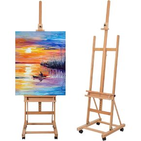 Beechwood H-Frame Studio Easel, Artist Easel with Wheels and Storage Tray, Adjustable Floor Easel Stand Holding Canvas up to 51Inches for Painting and Artwork Display, Brown