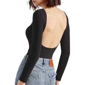 SUUKSESS Women Backless Y2k Long Sleeve Bodysuit Double Lined Open Back Sexy Basic Top