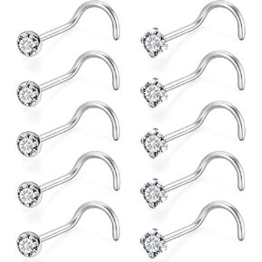 18g 20g Nose Rings Nose Studs for Women 316L Surgical Steel Nose Studs Screw Nose Rings Studs Nostrial Piercing Jewelry Diamond CZ 2mm Silver Gold Black 10PCS