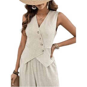 MakeMeChic Women's Button Front Asymmetrical Sleeveless Blazer Vest V Neck Work Blouse Tops