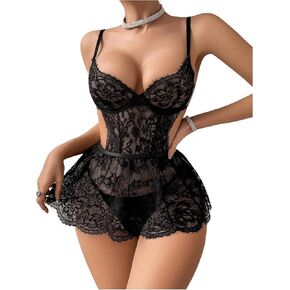 OYOANGLE Women's 2 Piece Lingerie Set Lace Sheer Cut Out Backless Chemise Babydoll and Thong Sets