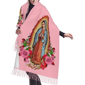 أوشحة Virgen De Guadalupe بشراشيب، وشاح باشمينا دافئ ناعم، شالات كبيرة وأغطية، أوشحة خفيفة الوزن للنساء