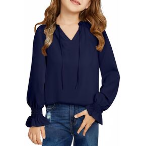 blibean Girls Long Sleeve Chiffon Blouses V Neck Smocked Cuffs Shirts Tops 6-15 Years