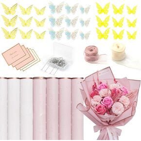 163 Pcs DIY Flower Bouquet Accessories Include 20 Sheets Waterproof Floral Wrapping Paper 2 Ribbons 36 3d Butterflies 10 Cards and 100 Bouquet Pin for Mother's Day Wedding Birthday Party Graduation