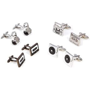 MRCUFF DJ Music Headphones Turntables Cassette Boom Box 4 Pairs Cufflinks w/a Presentation Gift Box & Polishing Cloth