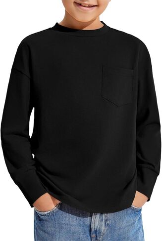 Haloumoning Boys Long Sleeve Shirts Kids Fashion Crewneck Side Slit Tops Tees with Pocket 5-14 Years in Saudi Arabia