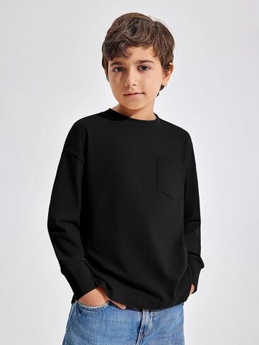 Haloumoning Boys Long Sleeve Shirts Kids Fashion Crewneck Side Slit Tops Tees with Pocket 5-14 Years in Saudi Arabia