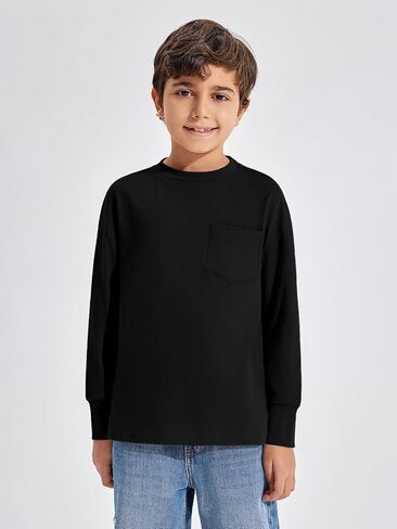 Haloumoning Boys Long Sleeve Shirts Kids Fashion Crewneck Side Slit Tops Tees with Pocket 5-14 Years in Saudi Arabia
