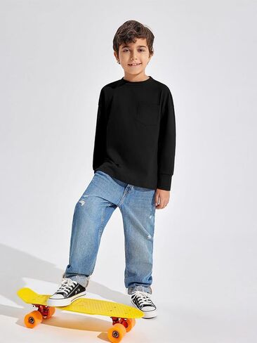 Haloumoning Boys Long Sleeve Shirts Kids Fashion Crewneck Side Slit Tops Tees with Pocket 5-14 Years in Saudi Arabia