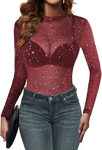 Zeagoo Mesh Top Women Long Sleeve Shirts See Through Party Layering Mock Neck 2024 Fall Sheer Undershirt in Saudi Arabia