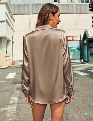 HOTOUCH Women's Satin Silk Shirts Button Down V Neck Casual Blouse Loose Long Sleeve Office Work Tops in Saudi Arabia