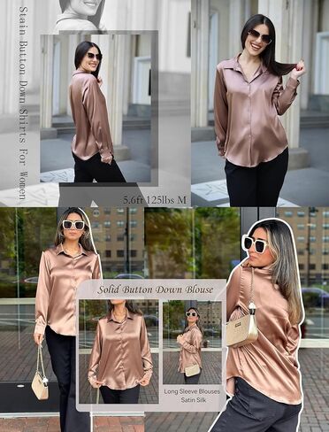 HOTOUCH Women's Satin Silk Shirts Button Down V Neck Casual Blouse Loose Long Sleeve Office Work Tops in Saudi Arabia
