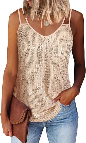 Allimy Womens Strappy Sequin V Neck Tank Tops Sparkle Shimmer Party Club Tank Tops Sleeveless Shirts in Saudi Arabia
