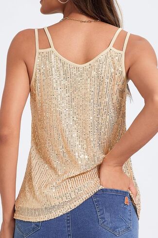Allimy Womens Strappy Sequin V Neck Tank Tops Sparkle Shimmer Party Club Tank Tops Sleeveless Shirts in Saudi Arabia