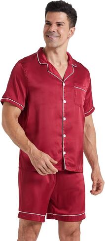 LANBAOSI Mens Satin Pajamas Set Shorts Summer Silk Button Down PJ Short Sleeve Shirt Tops Bottoms Loungewear in Kuwait
