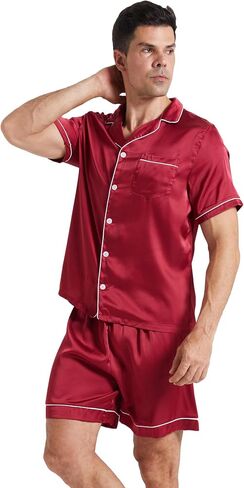 LANBAOSI Mens Satin Pajamas Set Shorts Summer Silk Button Down PJ Short Sleeve Shirt Tops Bottoms Loungewear in Kuwait
