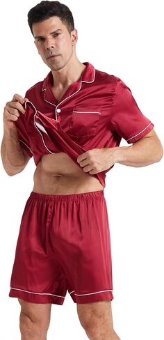 LANBAOSI Mens Satin Pajamas Set Shorts Summer Silk Button Down PJ Short Sleeve Shirt Tops Bottoms Loungewear in Kuwait